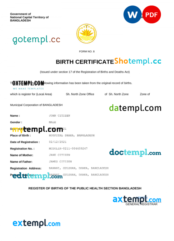 Bangladesh vital record birth certificate Word and PDF template, fully editable