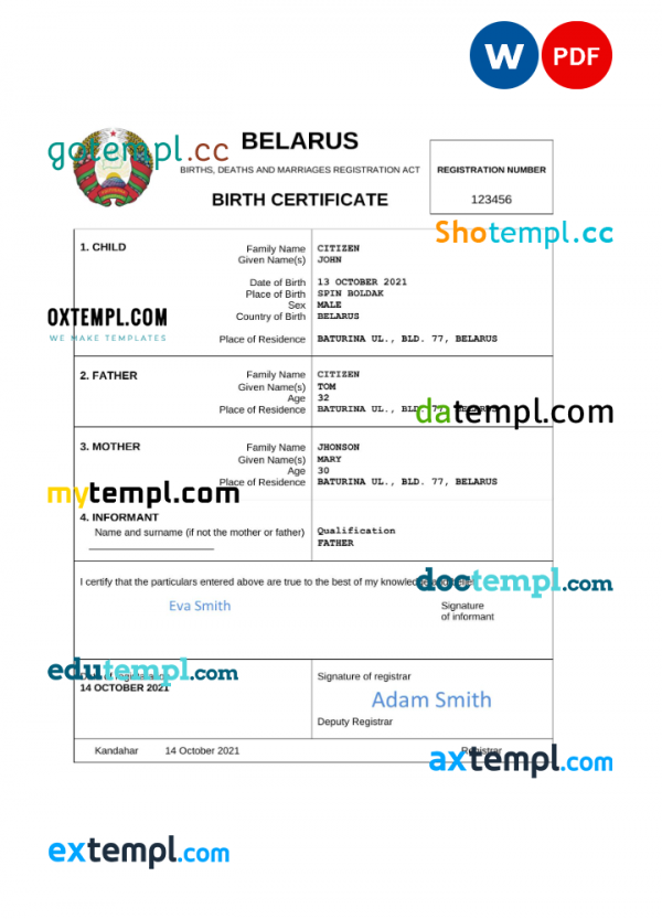 Belarus vital record birth certificate Word and PDF template, completely editable