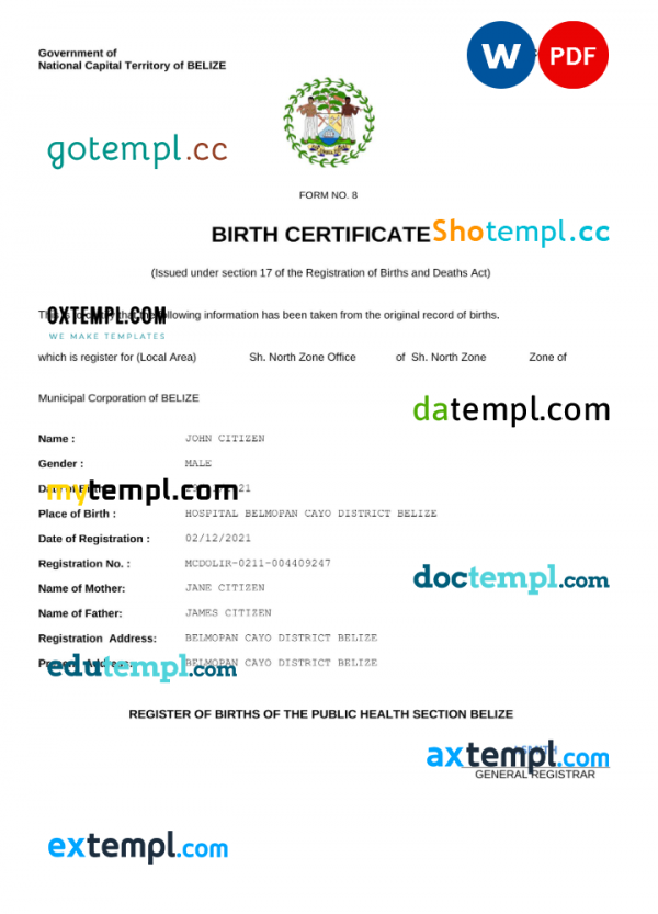 Belize vital record birth certificate Word and PDF template, fully editable