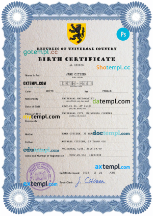 loop editor universal birth certificate PSD template, completely editable