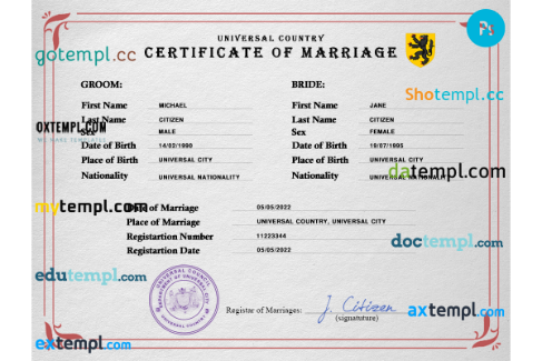 micro universal marriage certificate PSD template, fully editable