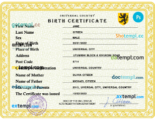 power universal birth certificate PSD template, completely editable