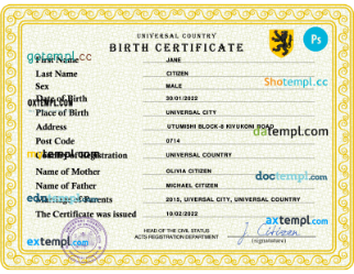power universal birth certificate PSD template, completely editable