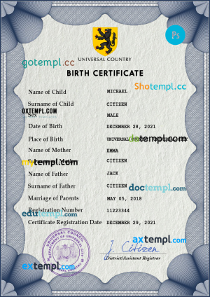 # universbia universal birth certificate PSD template, completely editable