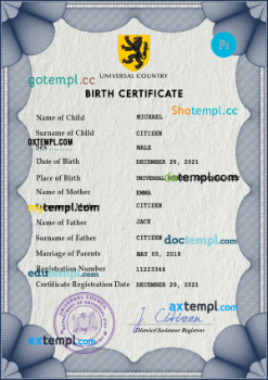 universbia universal birth certificate PSD template, completely editable