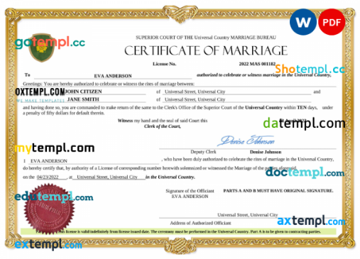 grace universal marriage certificate Word and PDF template, fully editable