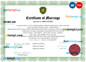 fancy universal marriage certificate Word and PDF template, completely editable