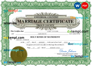 Andorra marriage certificate Word and PDF template, fully editable