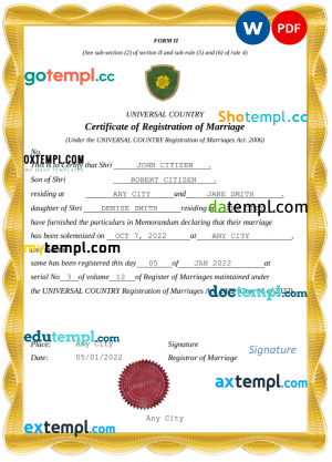 dreams universal marriage certificate Word and PDF template, fully editable