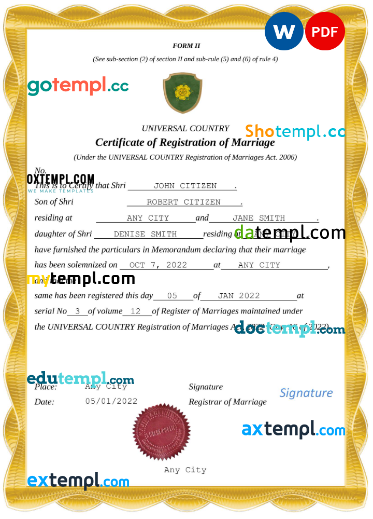 dreams universal marriage certificate Word and PDF template, fully editable