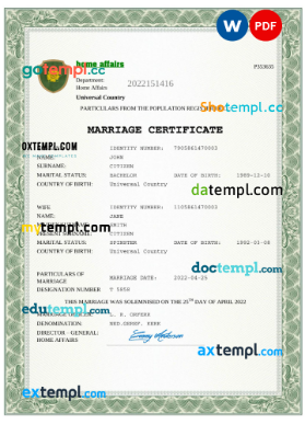 amore universal marriage certificate Word and PDF template, completely editable