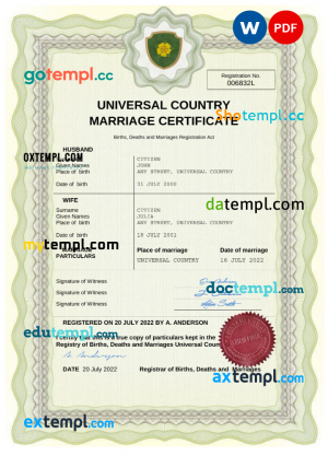 comfort universal marriage certificate Word and PDF template, completely editable
