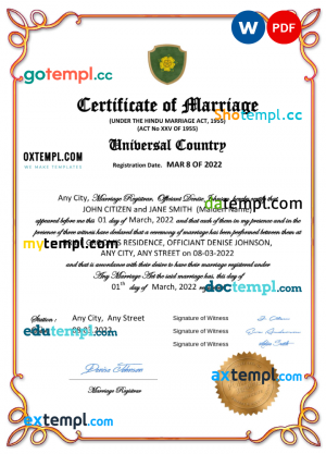 # happy universal marriage certificate Word and PDF template, completely editable
