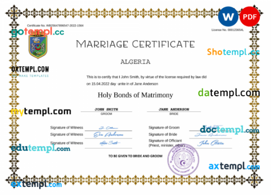 Algeria marriage certificate Word and PDF template, completely editable