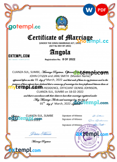 Angola marriage certificate Word and PDF template, completely editable