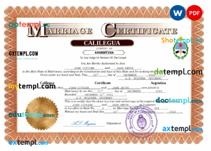 Argentina marriage certificate Word and PDF template, fully editable