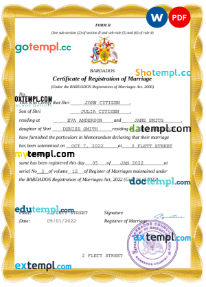 Barbados marriage certificate Word and PDF template, completely editable