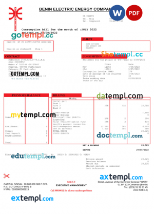 Benin Electric Company Word and PDF utility bill template