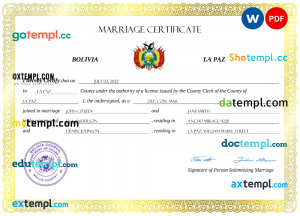 Bolivia marriage certificate Word and PDF template, completely editable
