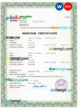 Botswana marriage certificate Word and PDF template, completely editable