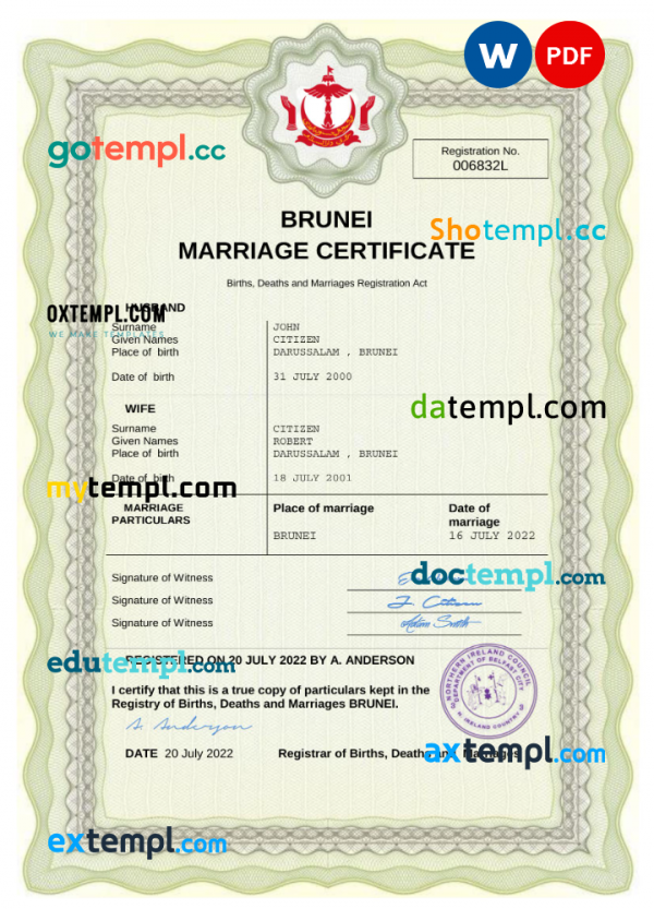 Brunei marriage certificate Word and PDF template, completely editable