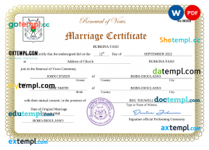 Burkina Faso marriage certificate Word and PDF template, fully editable