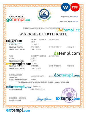 Cabo Verde marriage certificate Word and PDF template, completely editable