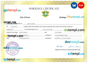 Cote d’Ivoire marriage certificate Word and PDF template, fully editable