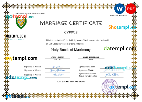 Cyprus marriage certificate Word and PDF template, completely editable