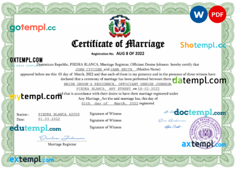 Dominican Republic marriage certificate Word and PDF template, fully editable