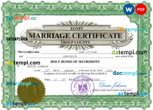 Egypt marriage certificate Word and PDF template, completely editable
