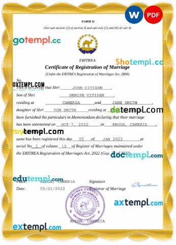 Eritrea marriage certificate Word and PDF template, completely editable