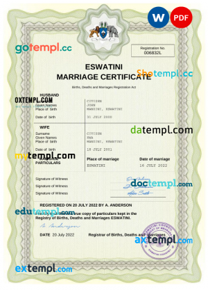 Eswatini marriage certificate Word and PDF template, completely editable
