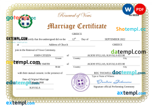 Greece marriage certificate Word and PDF template, completely editable