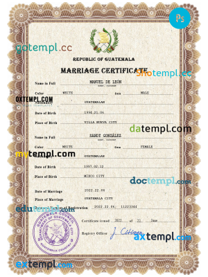 Guatemala marriage certificate PSD template, completely editable