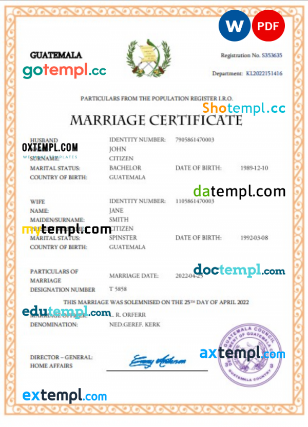 Guatemala marriage certificate Word and PDF template, completely editable