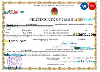 Guinea Bissau marriage certificate Word and PDF template, fully editable