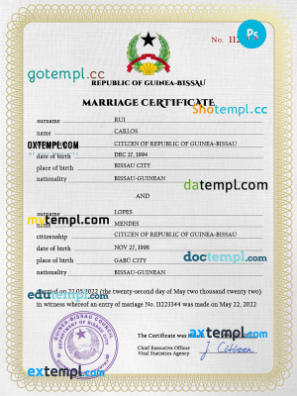 Guniea-Bissau marriage certificate PSD template, completely editable