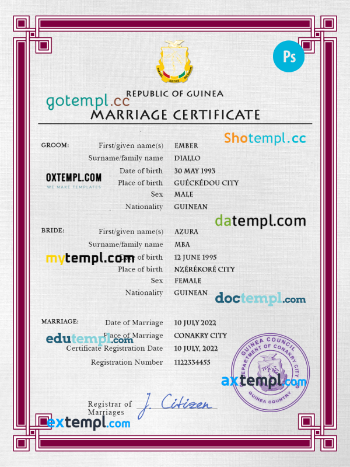 Guniea marriage certificate PSD template, fully editable