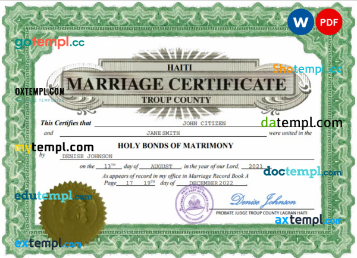 Haiti marriage certificate Word and PDF template, completely editable