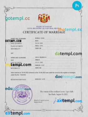 Hawaii marriage certificate PSD template, fully editable