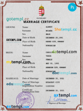 Hungary marriage certificate PSD template, fully editable