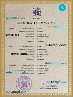 Iceland marriage certificate PSD template, completely editable
