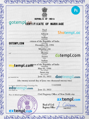 India marriage certificate PSD template, fully editable