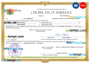 Iran marriage certificate Word and PDF template, fully editable
