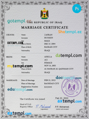 Iraq marriage certificate PSD template, completely editable