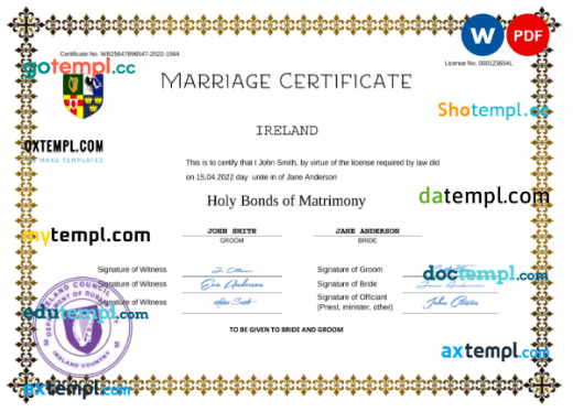 Ireland marriage certificate Word and PDF template, fully editable