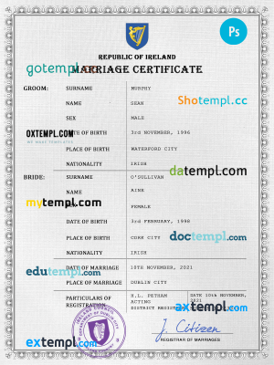 Ireland marriage certificate PSD template, fully editable