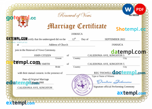 Jamaica marriage certificate Word and PDF template, completely editable