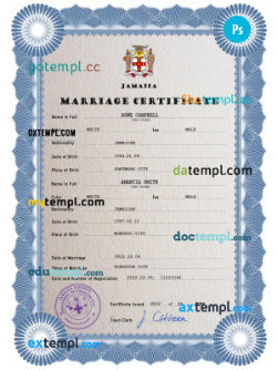 Jamaica marriage certificate PSD template, completely editable